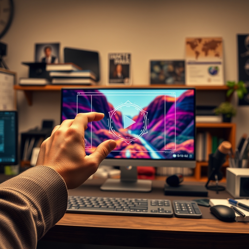 A creative workspace where a human hand places a final, elegant graphic overlay onto a vibrant AI-generated video scene, symbolizing collaboration.