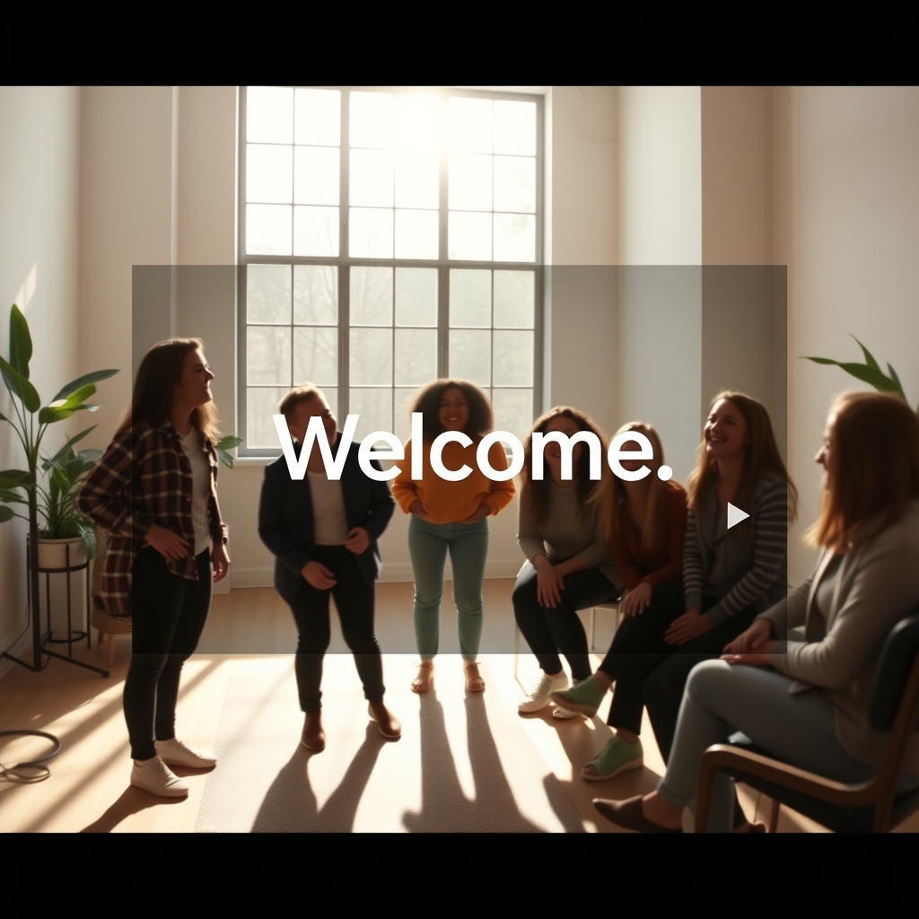 A clean, modern website hero section with a looped video showing a team laughing together in a sunlit studio, with a simple overlay text that says 