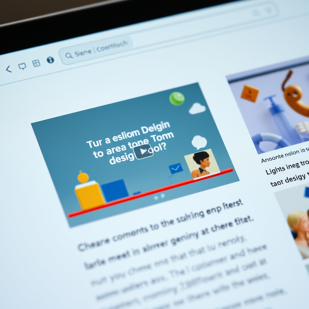 A close-up screenshot of a website section featuring an embedded video player showing an animated explainer video about a design tool, with playful icons floating around it.