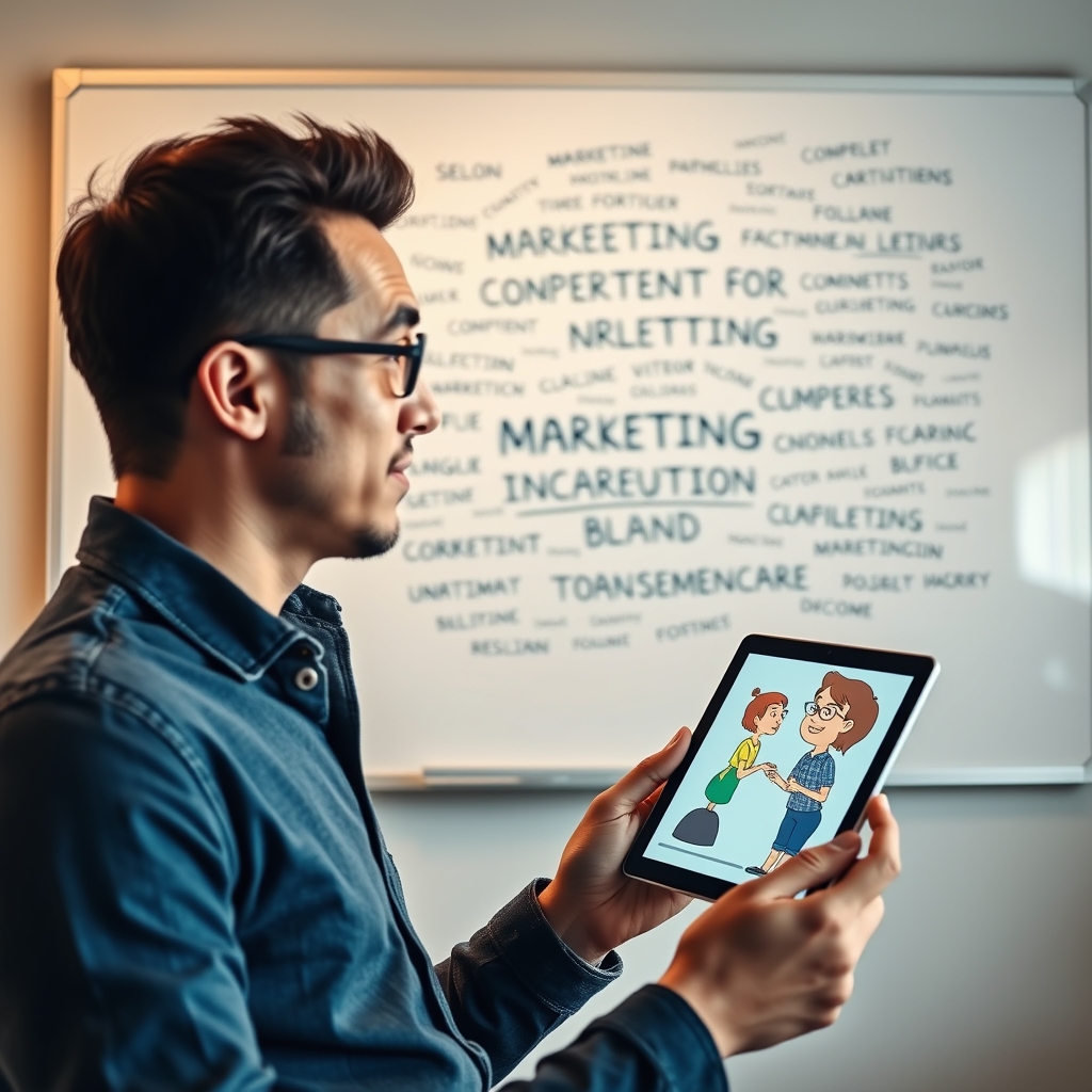 A person looking confused at a whiteboard filled with complex marketing jargon, then smiling as they watch a simple animated video on a tablet.