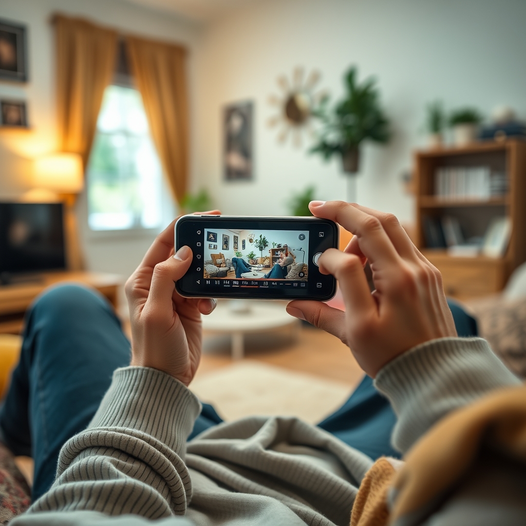 A person comfortably creating a short video on their smartphone, with simple editing tools visible on the screen, in a cozy home office.