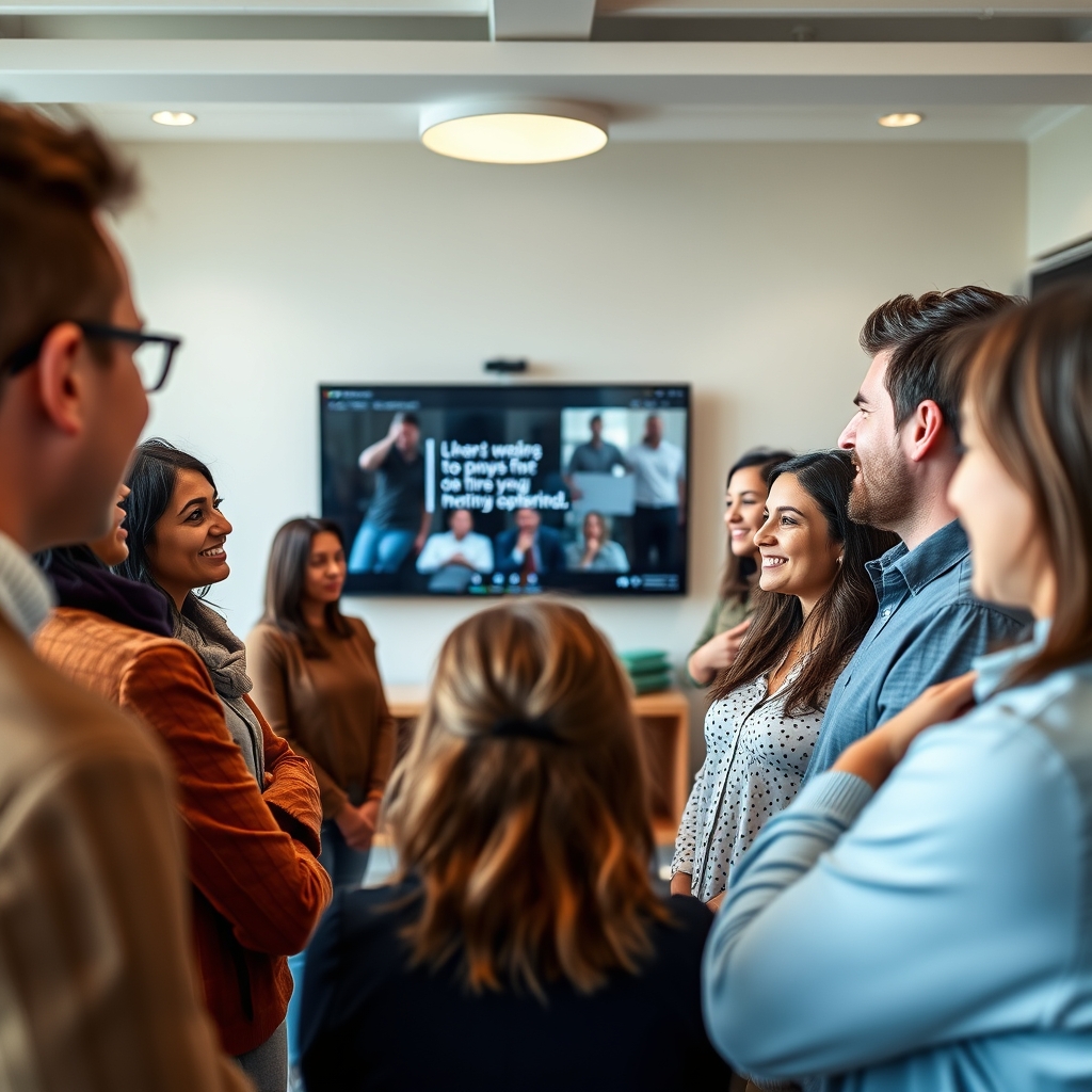 A diverse group of people gathered around a screen, smiling and nodding as they watch a clear, engaging explainer video together in a bright meeting room.