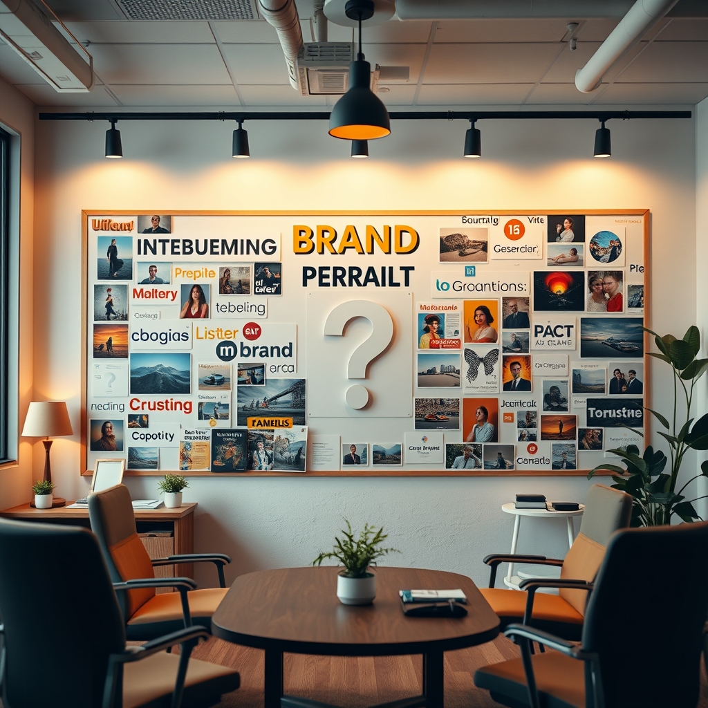 A warm, inviting office space with a large mood board on the wall, covered in colorful brand keywords, images, and a central question mark, symbolizing the search for identity.