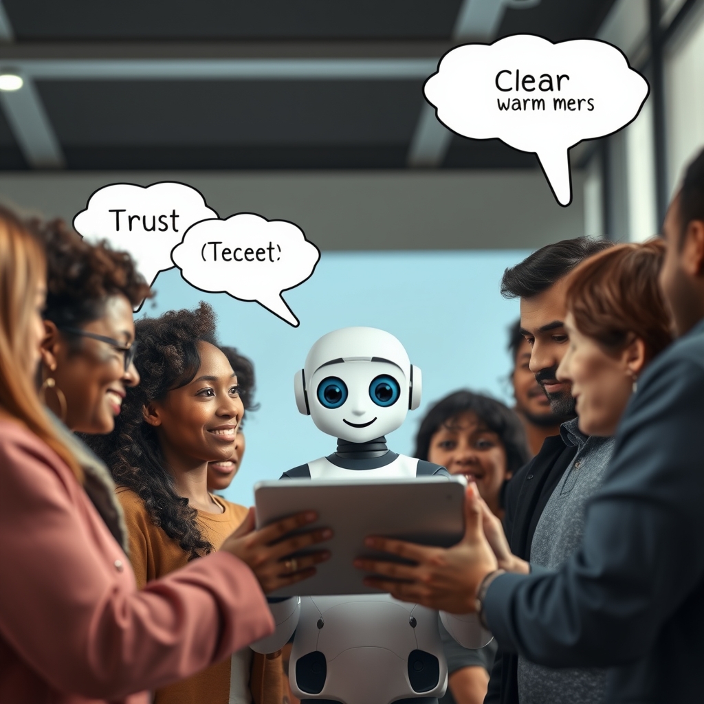 A diverse group of people looking at a tablet screen that shows a friendly, animated AI character speaking, with thought bubbles above their heads containing words like 