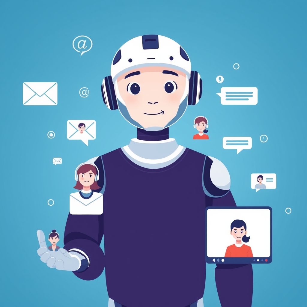 A stylized, simple illustration showing one central AI character splitting into multiple consistent avatars across different platforms like email, chat bubble, and video call.
