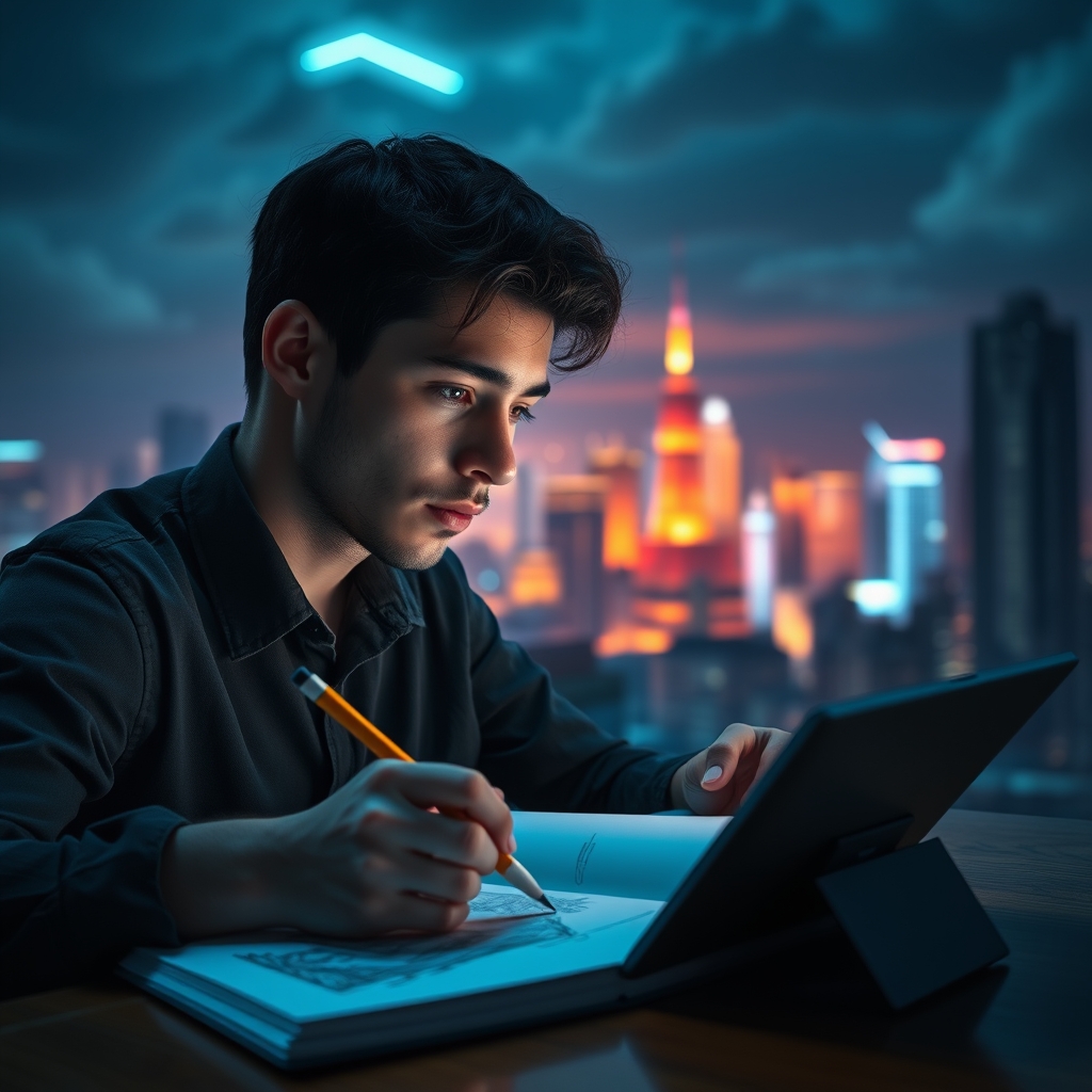 A person looking thoughtfully at a blank sketchbook with a pencil in hand, while a vibrant, fantastical cityscape glows softly from a tablet screen beside them.
