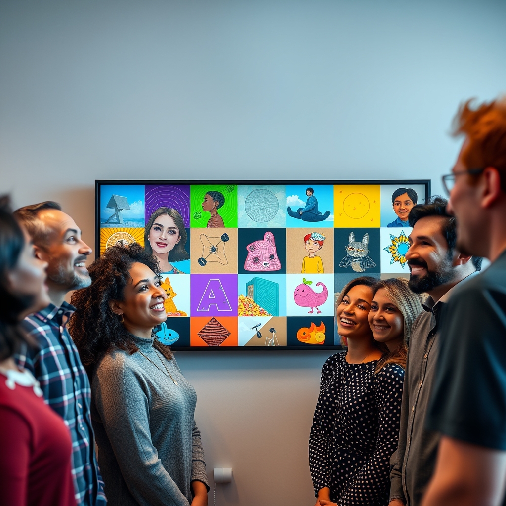 A diverse group of people smiling as they look at a large monitor displaying a collage of unique, personalized AI-generated artwork that reflects different styles and themes.