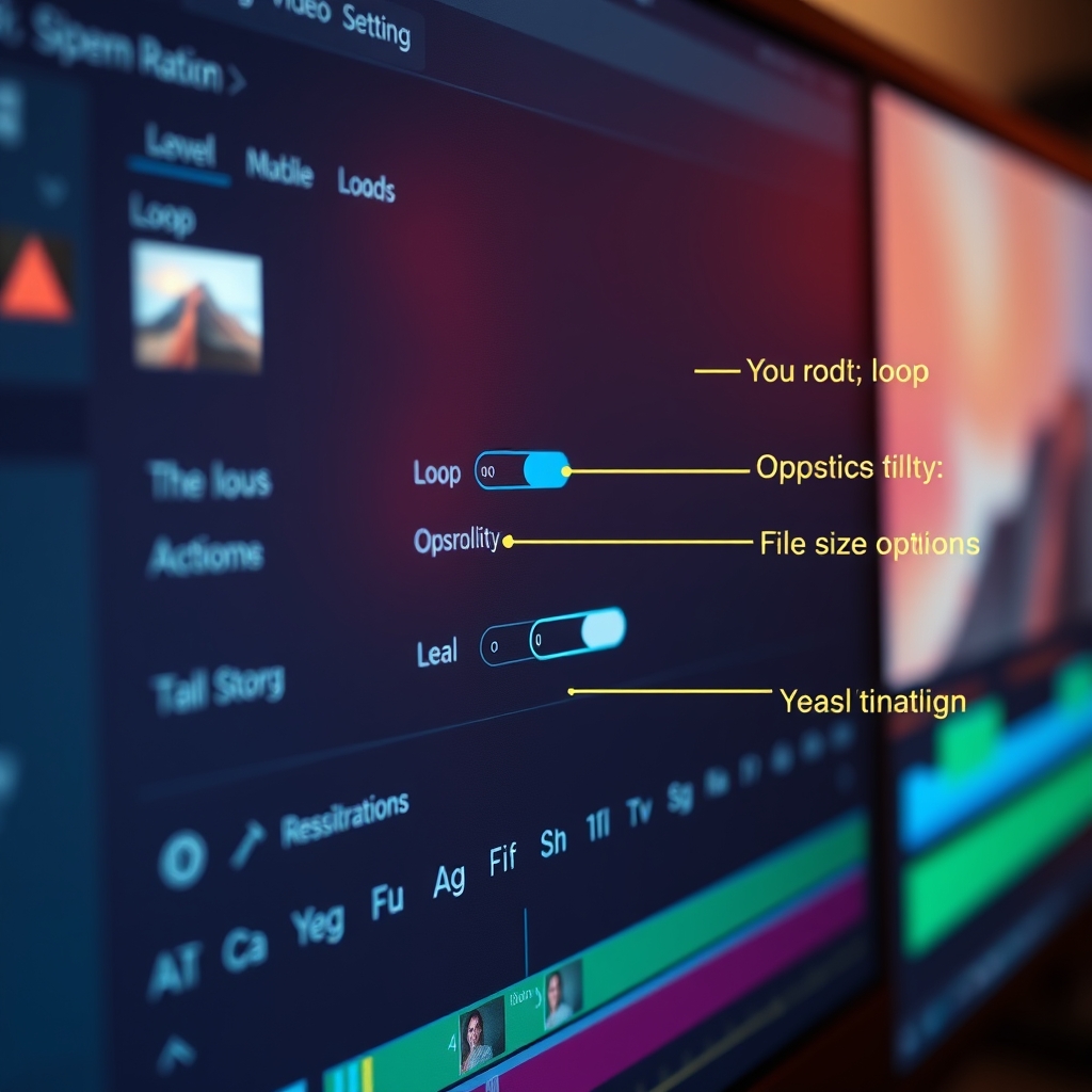 A close-up view of a designer's screen showing video editing software with key settings like loop, opacity, and file size optimization highlighted.