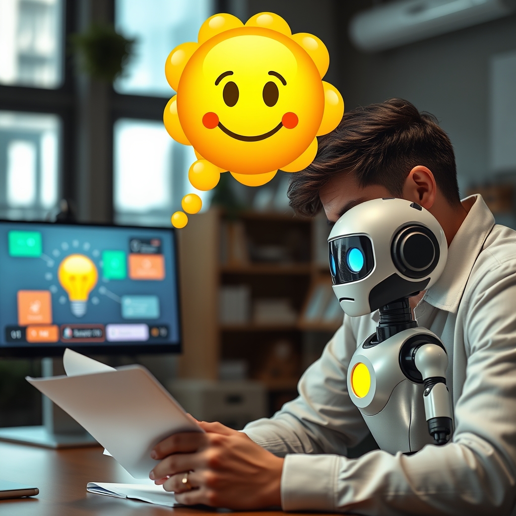 A marketer looking at a blank notebook with a thinking emoji floating above their head, while a friendly AI robot character offers a colorful lightbulb on a digital screen.