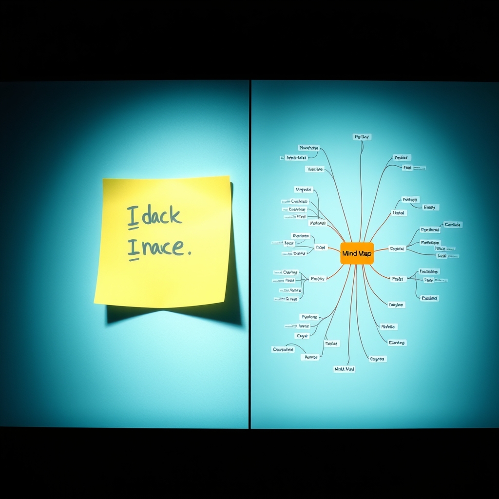 A split-screen image showing a simple idea on a sticky note on the left, transforming and expanding into a complex, beautiful mind map with multiple branches on the right, assisted by AI tools.