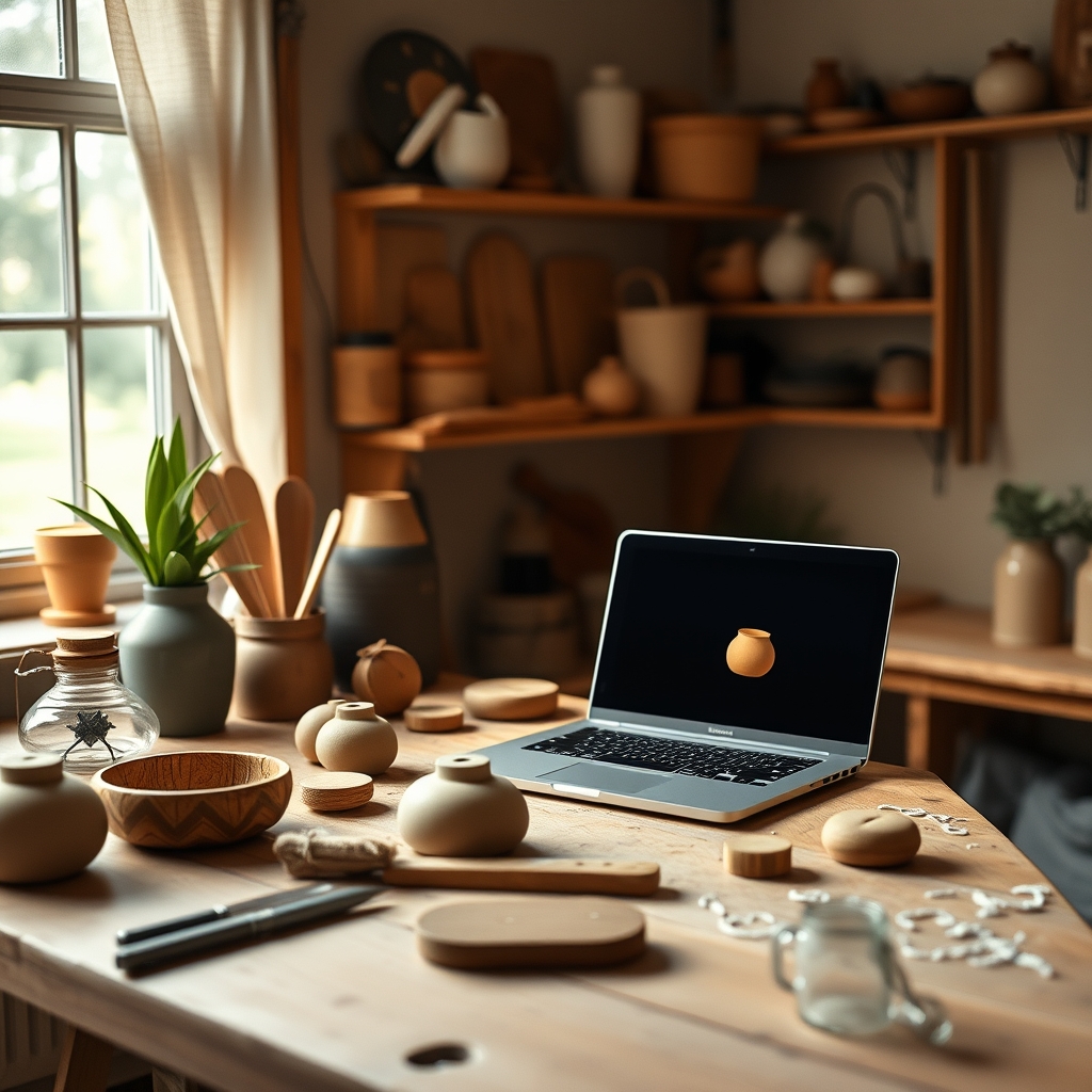 A cozy, small workshop table with handmade products. A laptop screen next to them shows a simple, elegant AI-generated video of the same products coming to life.