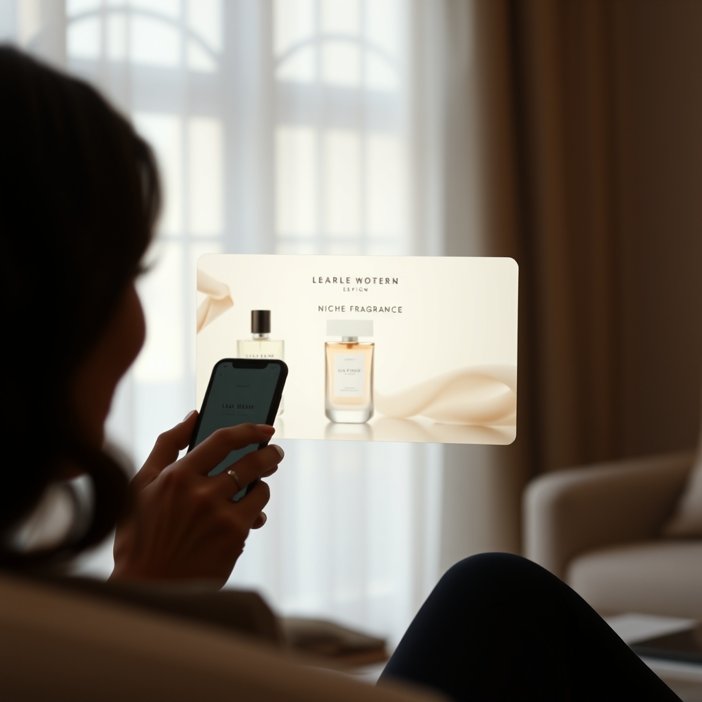 A person smiling at their phone, watching a short, stylish AI video advertisement for a niche fragrance brand. The video has soft lighting and elegant graphics.