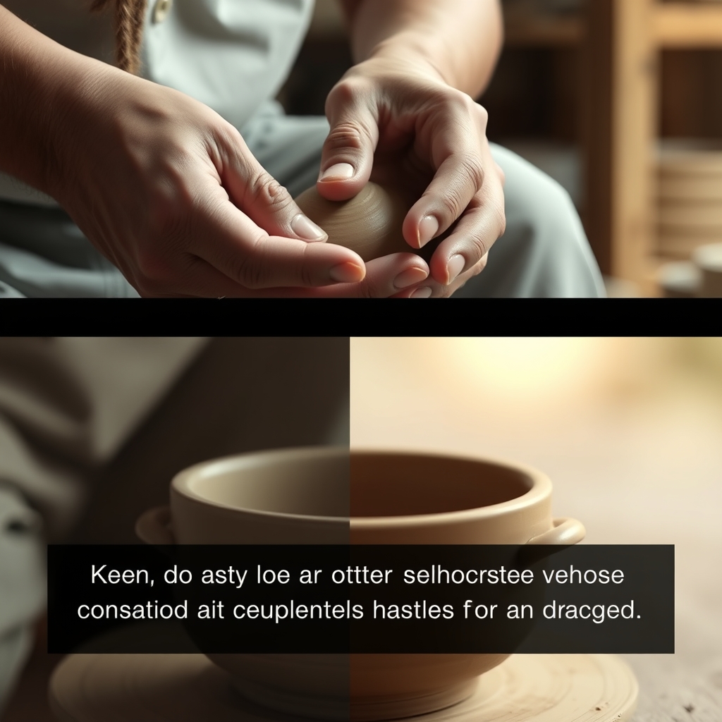 A split-screen image. On one side, raw footage of a potter's hands shaping clay. On the other, a finished AI-enhanced video with soothing music and text overlay, telling the potter's story.