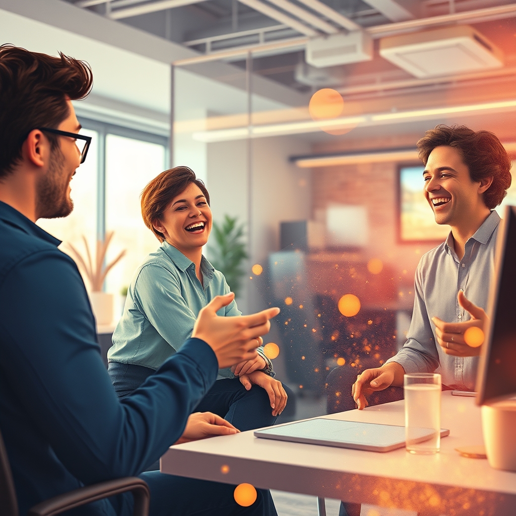 A warm, illustrative scene of an AI brush painting glowing, abstract memories of a team laughing together in an office, with data streams flowing like watercolors.