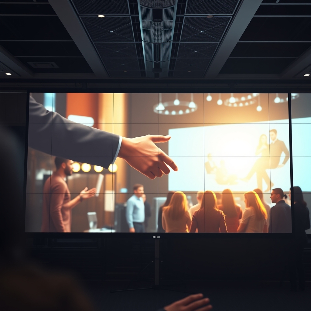 A cinematic shot of an AI-generated video screen showing a hyper-realistic yet dreamy montage of a company's key moments: a handshake, a product launch, and a team huddle, all with a soft golden glow.