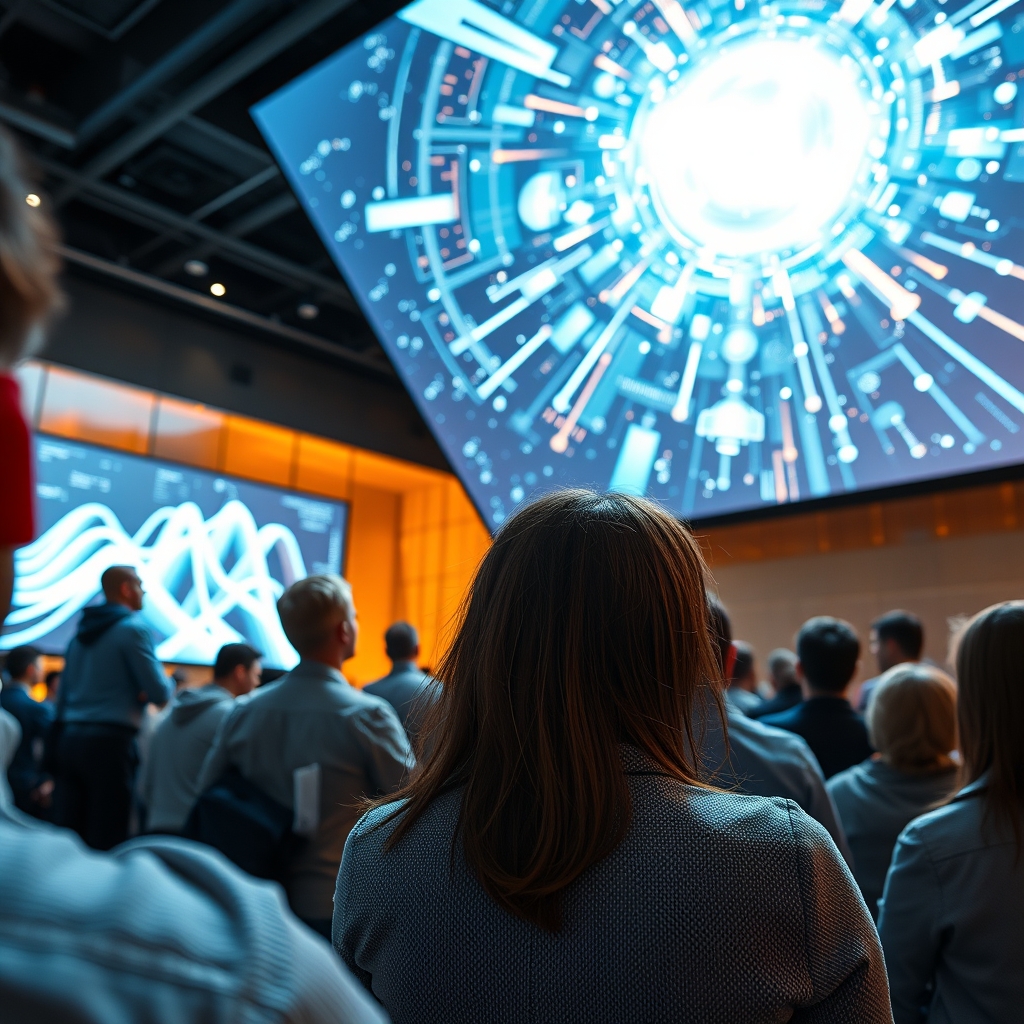 An inspirational wide shot of employees watching in awe as a large screen displays an AI-generated, futuristic vision of their company's growth and success, filled with light and dynamic shapes.