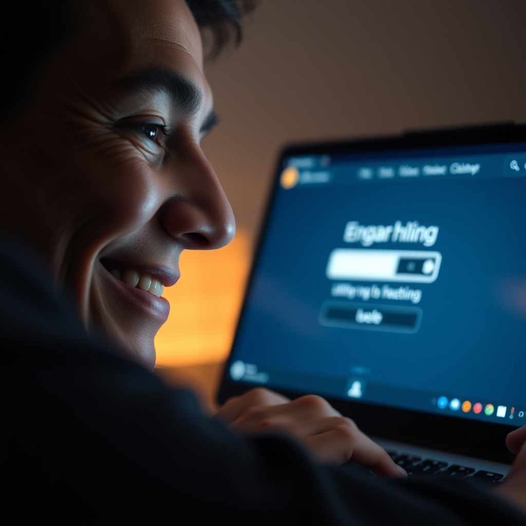 Close-up of a user's face lit by screen glow, smiling subtly while watching an engaging website loading animation on a laptop.