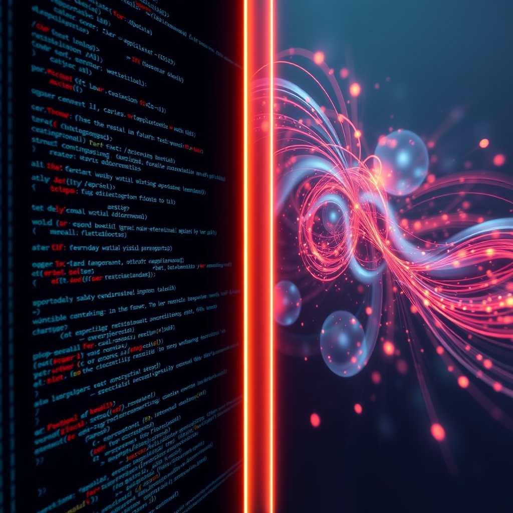 A split-screen image showing code on one side and a beautiful, abstract loading animation in action on the other, symbolizing the blend of technology and art.