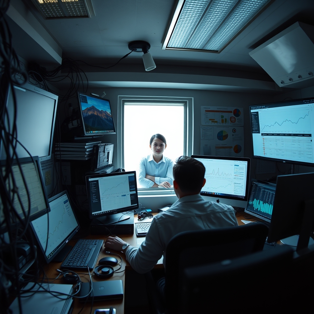 A cluttered desk with multiple screens showing analytics dashboards, tangled cables, and a person looking overwhelmed, with a single clear window in the background showing a simple, smiling customer.