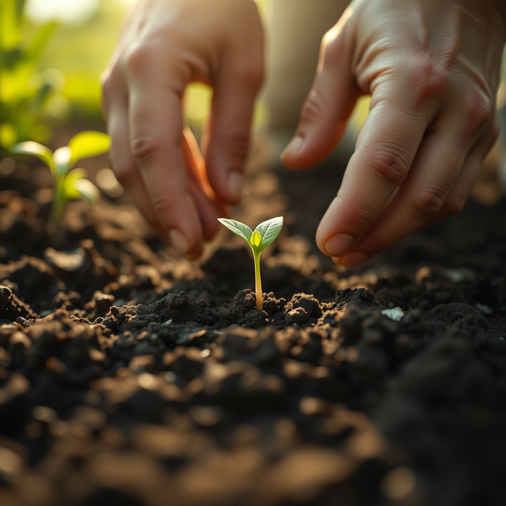 A close-up of hands planting a single seed in fertile soil, with sunlight breaking through. The focus is on the simplicity and potential of the single action.