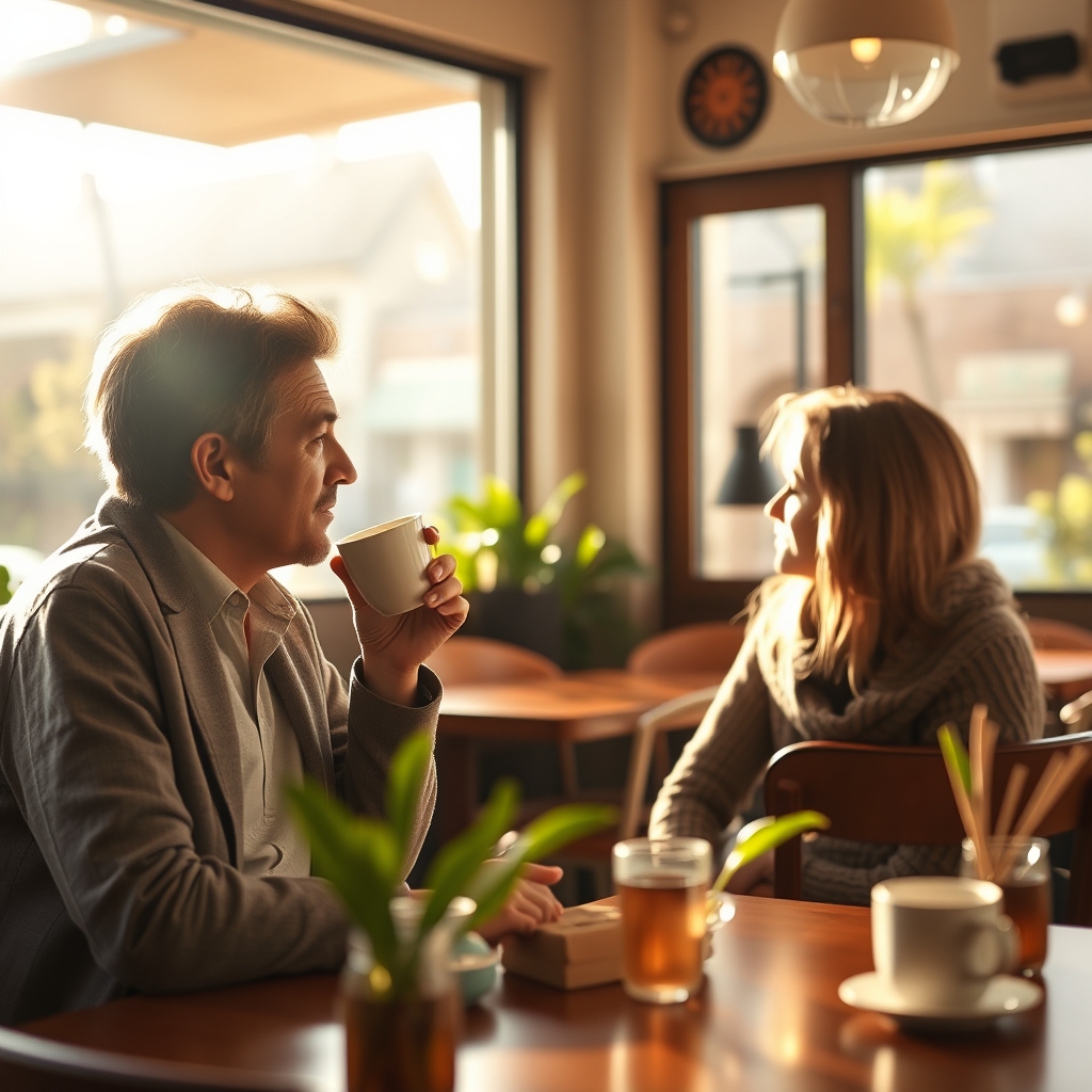 A serene scene of a person drinking tea and having a genuine, focused conversation with one other person in a cozy, sunlit cafe, representing meaningful one-on-one connection.