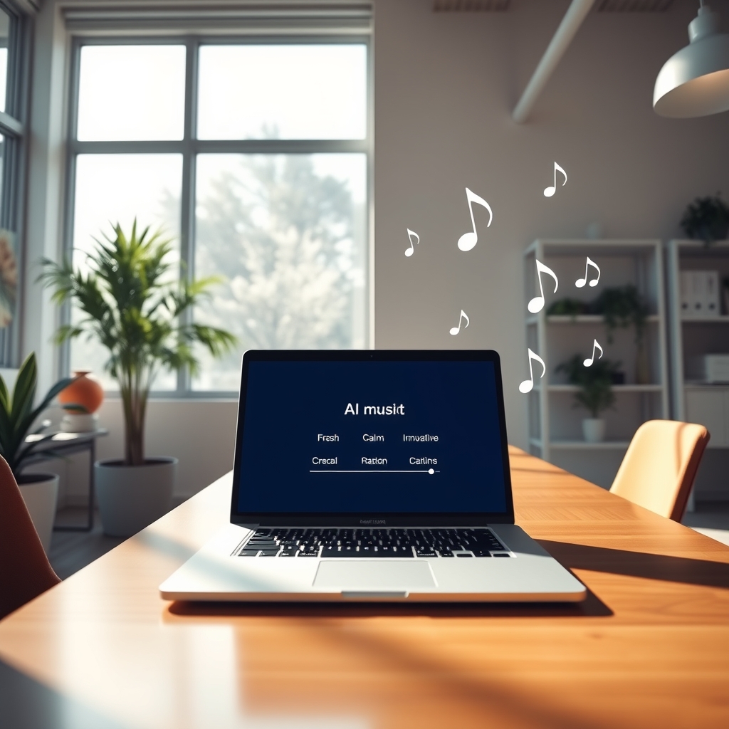 A modern, sunlit office space with minimalist decor. In the center, a sleek laptop screen displays a simple AI music interface with keywords like 
