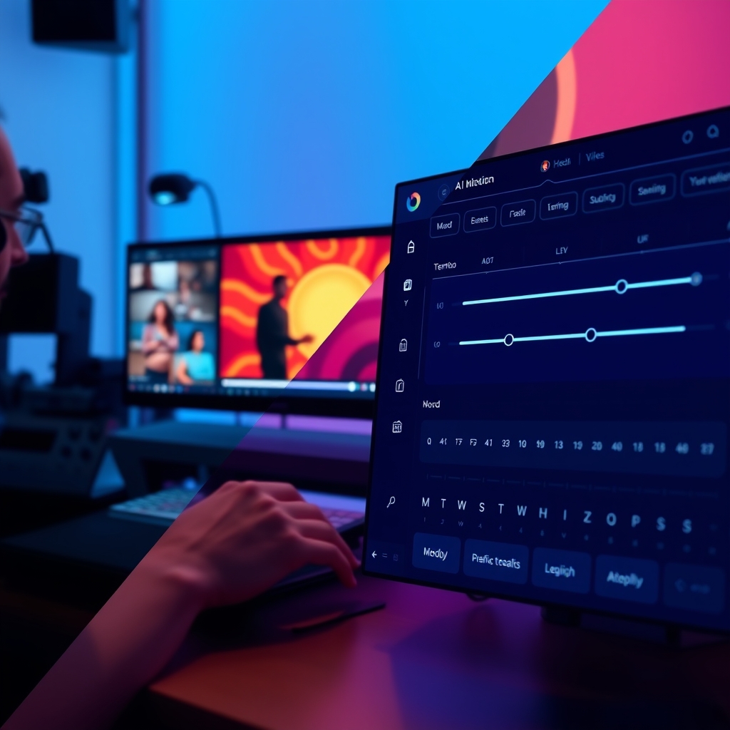 A split-screen image. Left side shows a video editor working on a vibrant brand campaign video. Right side shows an AI music dashboard with sliders adjusting mood, tempo, and intensity, perfectly matching the video's visuals.