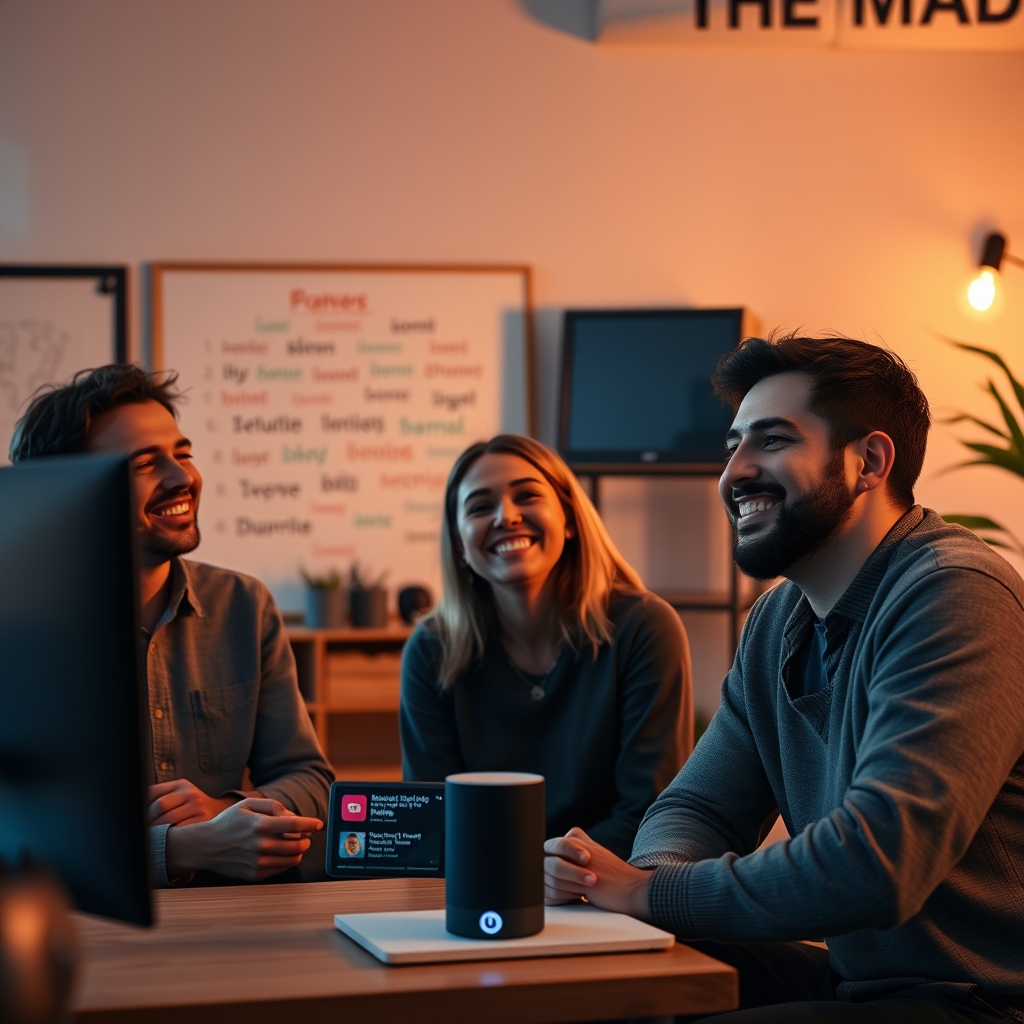 A cozy, creative studio at dusk. A team of three people are smiling and listening to a playback of AI-generated music options on a smart speaker. Light from the screen illuminates their satisfied faces, with a whiteboard full of brand keywords in the background.