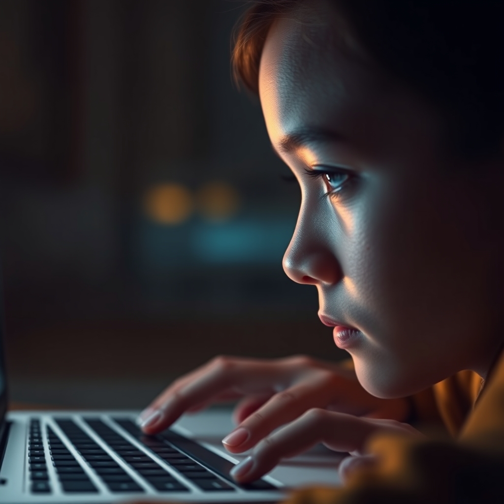 A close-up view of a user's face illuminated by a laptop screen, showing a reflective and emotional reaction to an AI video storytelling a brand's philosophy.