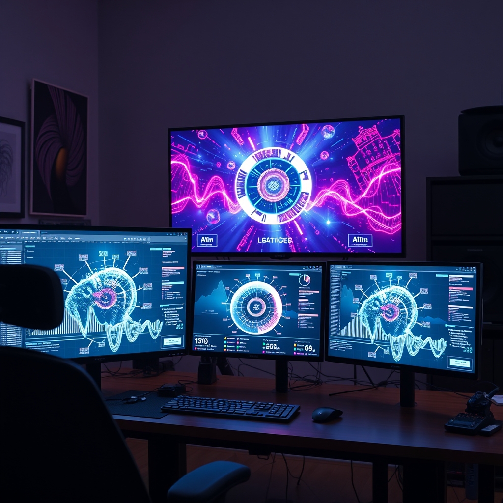 A designer's workspace with multiple screens, one showing an AI video tool interface with stunning visuals, symbolizing the creative possibilities.
