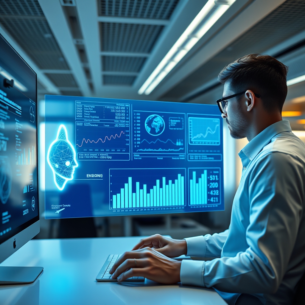 A modern, sleek office workspace where a human and a glowing AI hologram are collaboratively analyzing real-time data streams and 3D graphs on a transparent screen.
