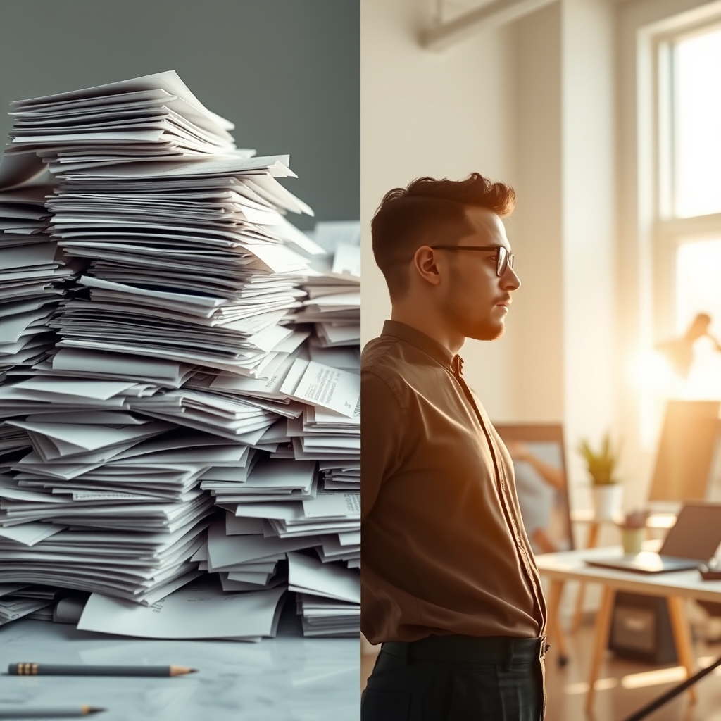 A split image showing on one side a pile of mundane paperwork automatically being processed by AI, and on the other side, a human designer freely creating vibrant brand visuals in a sunlit studio.