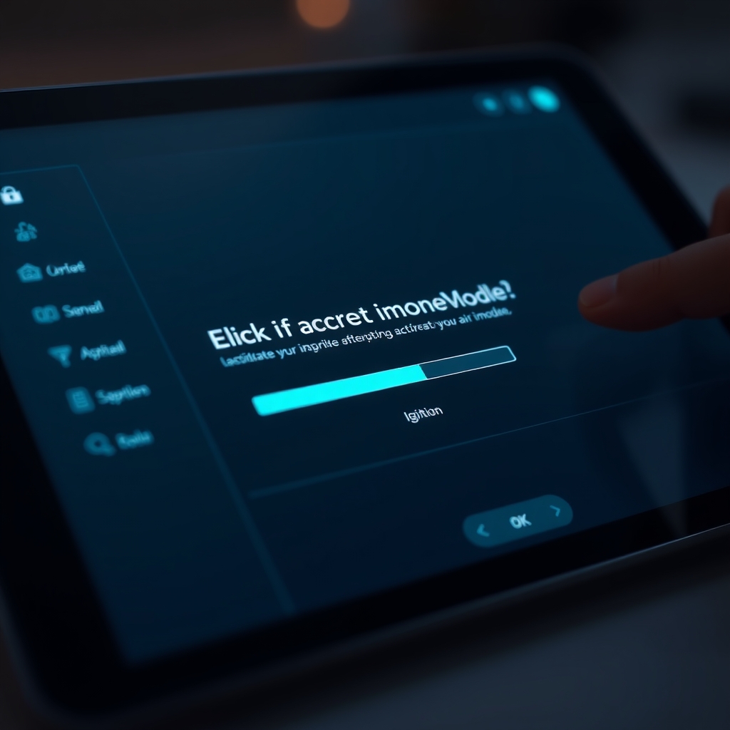 A close-up of a tablet screen showing a simple, intuitive dashboard where a user is clicking to activate their first AI module, with a progress bar loading and a spark of light symbolizing ignition.