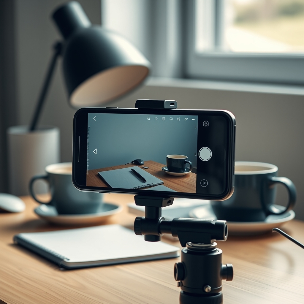 A modern smartphone propped up, filming a simple yet aesthetic desk setup with a notebook and a cup of coffee, natural light from a window.
