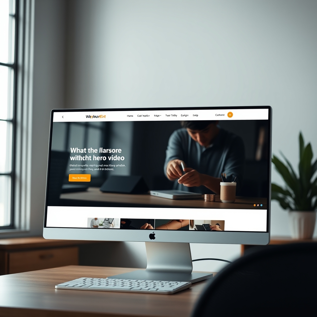 A sleek website homepage on a desktop monitor, featuring an autoplaying, muted hero video that shows a person handcrafting a product.