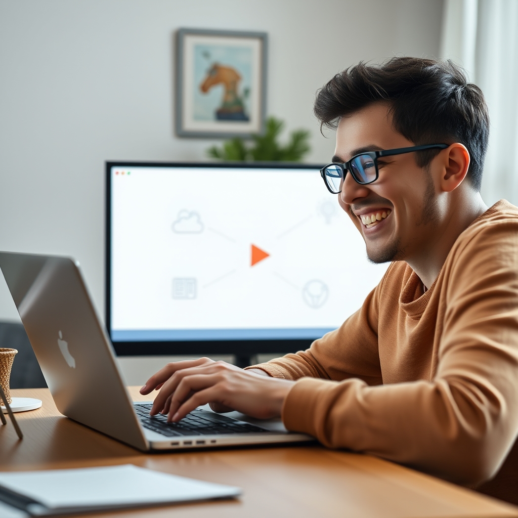 A person smiling warmly at their laptop screen, watching a simple explainer video with clear icons and animations.
