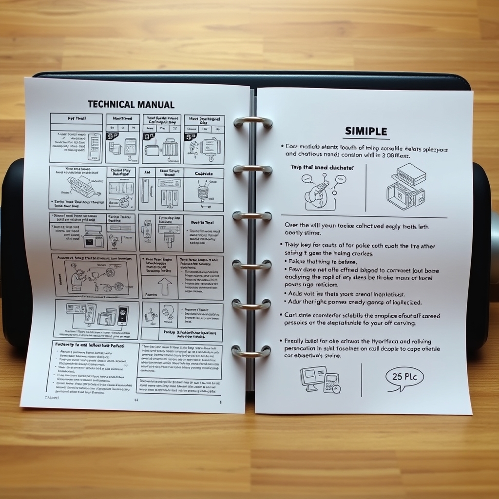 A split-screen showing a confusing technical manual on one side and a simple, illustrated guide with friendly text on the other.