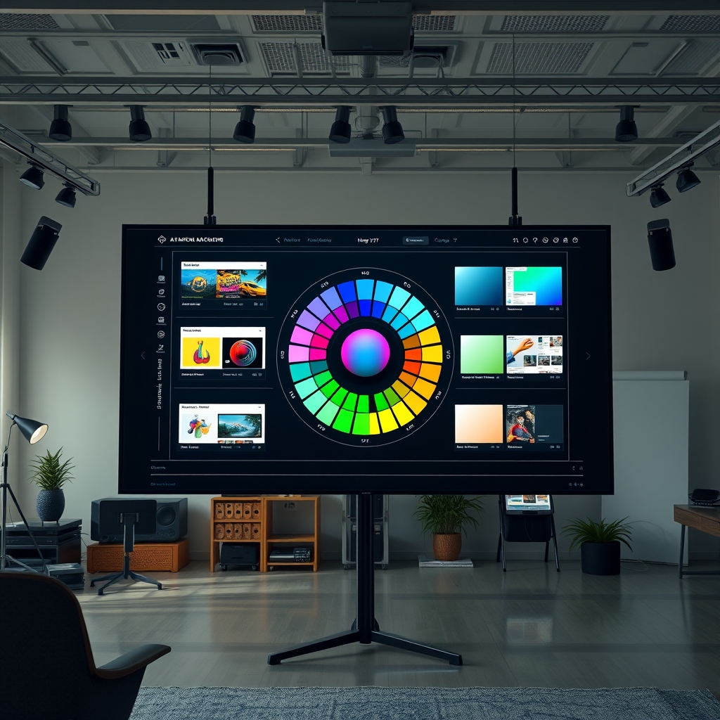 A sophisticated AI interface on a large screen, visually analyzing a color wheel and displaying various website mock-ups with different color schemes, in a modern design studio.