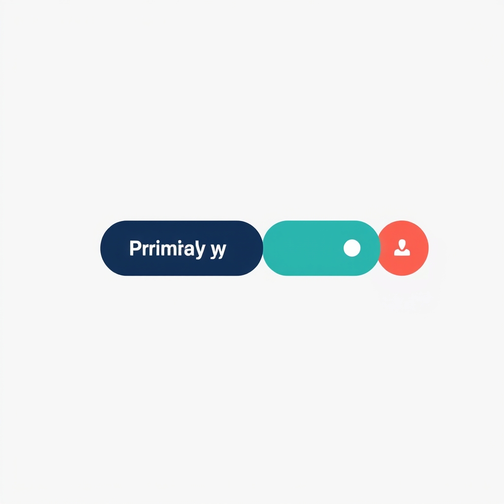 A clean, minimalist website design showing a consistent color system in action: a navy primary button, a teal secondary button, and a coral accent color used for icons and highlights, all on a light grey background.