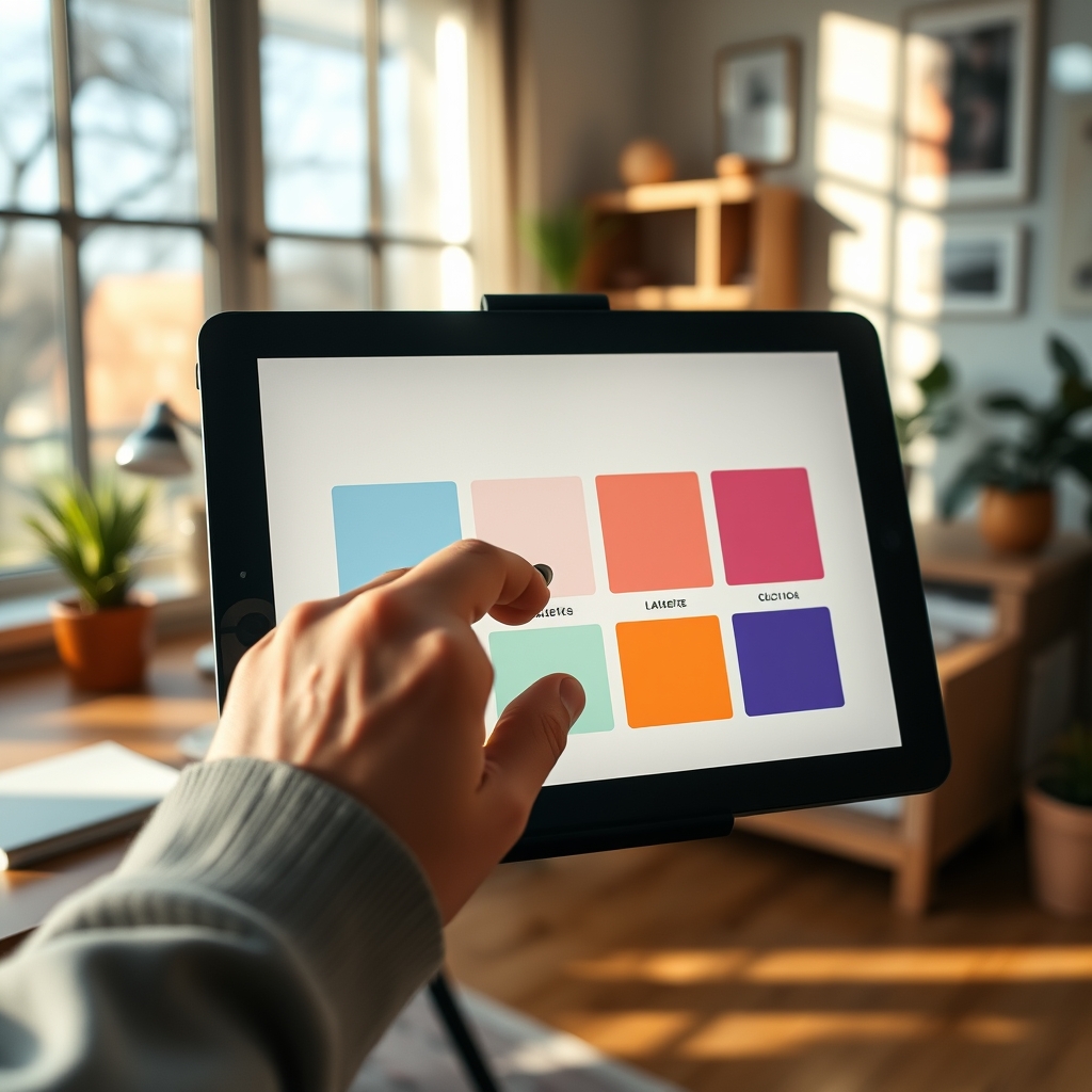 A designer's hand using a tablet stylus to choose between three beautiful AI-generated color palette options displayed on a screen, with natural sunlight streaming into a cozy workspace.