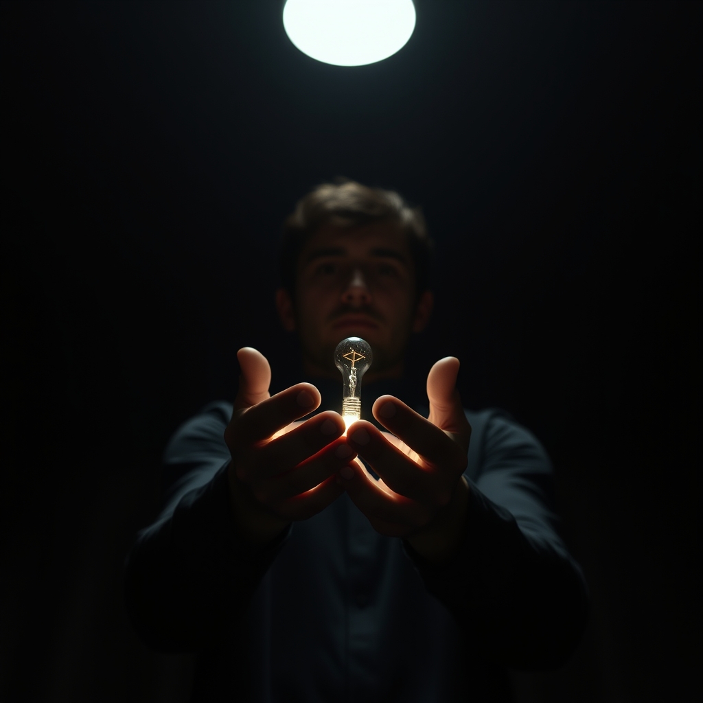 A person hesitantly holding a small, glowing light in their hands in a dim room, symbolizing a hidden idea or talent.