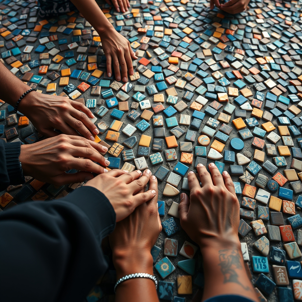 A close-up of diverse hands placing unique, handcrafted tiles onto a large, communal mosaic, each piece different but contributing to a beautiful whole.