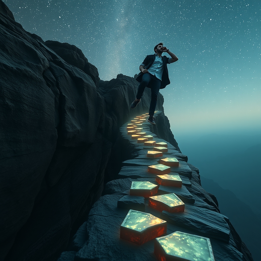A person taking a deep breath and stepping off a cliff, but instead of falling, a path of glowing stones appears under their feet, leading into a starry sky.