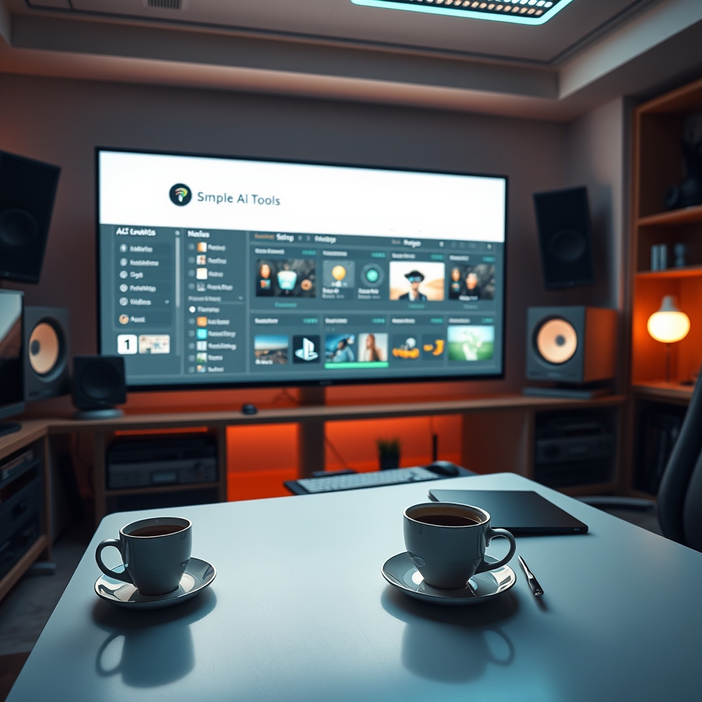 A cozy, futuristic editing studio with a large glowing screen showing simple AI tools, soft light illuminating a desk with a cup of coffee.