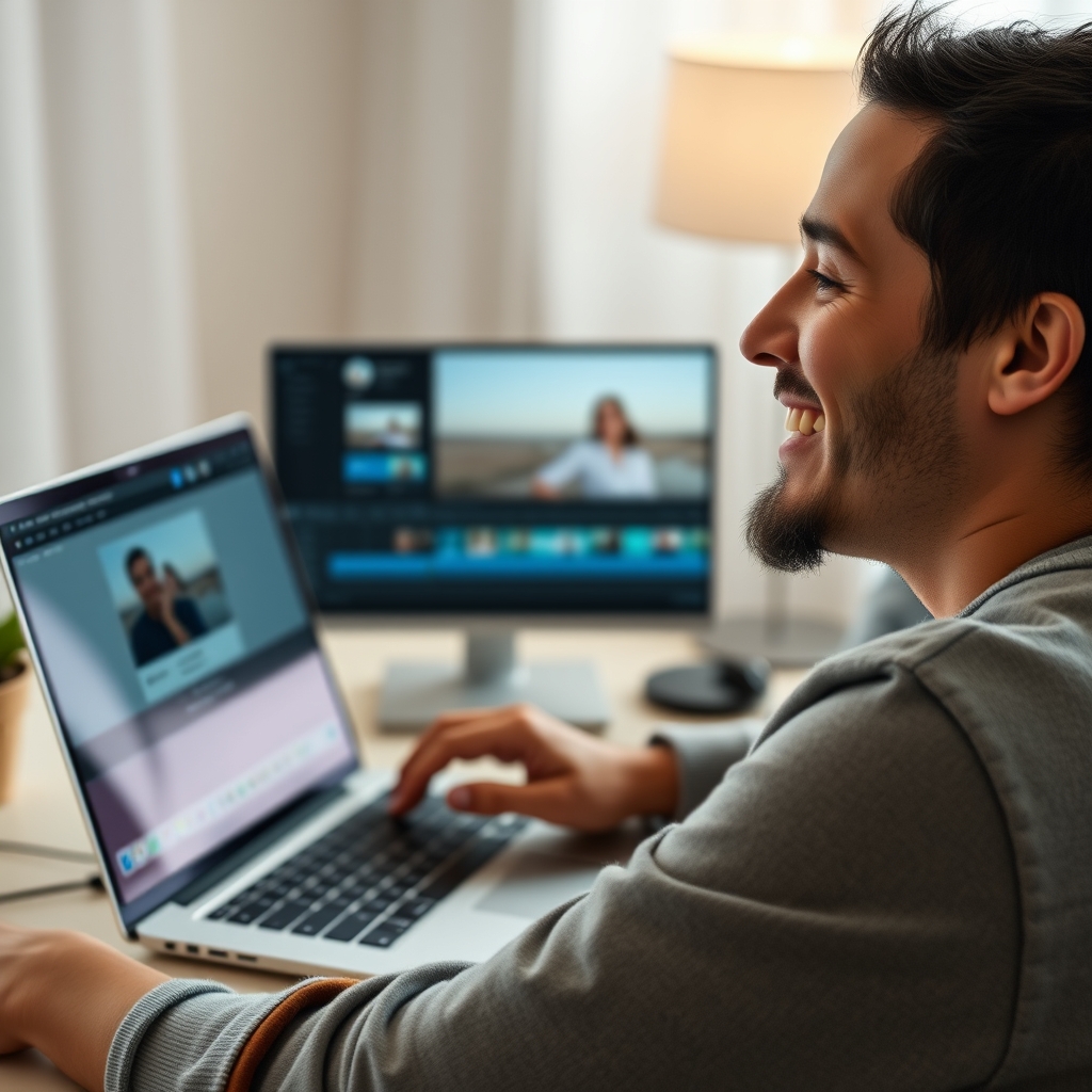 A person smiling at their laptop, screen shows a clean interface with a video timeline being automatically arranged by AI, feeling relaxed and creative.