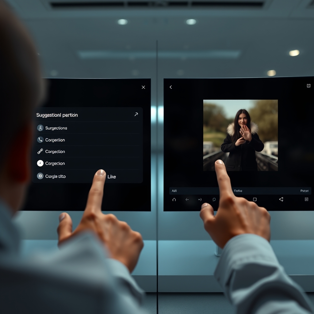 Split-screen view: on one side, an AI suggestion panel with a few options; on the other, a person easily clicking 'like' or making a simple edit, showcasing partnership.
