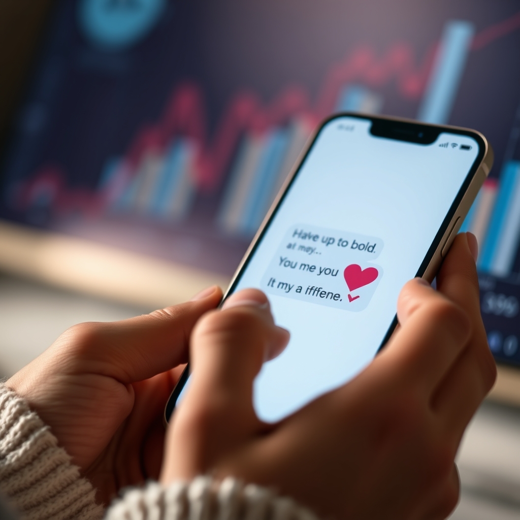 A close-up of a person's hands gently holding a smartphone, with soft focus on the screen showing a heartfelt message, while the background is blurred with abstract data charts.