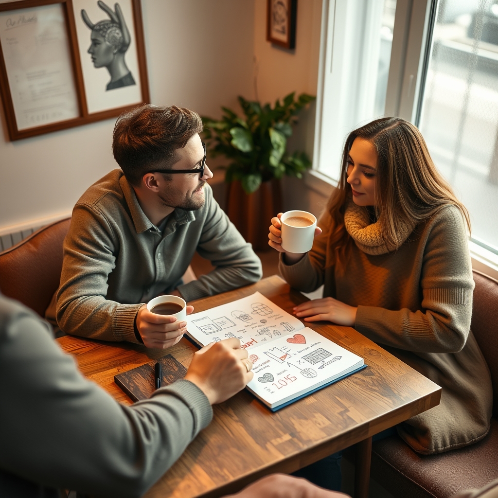 A cozy scene of a marketer and a customer having a warm conversation over coffee, with a notebook between them filled with sketches and heart-doodles instead of just numbers.