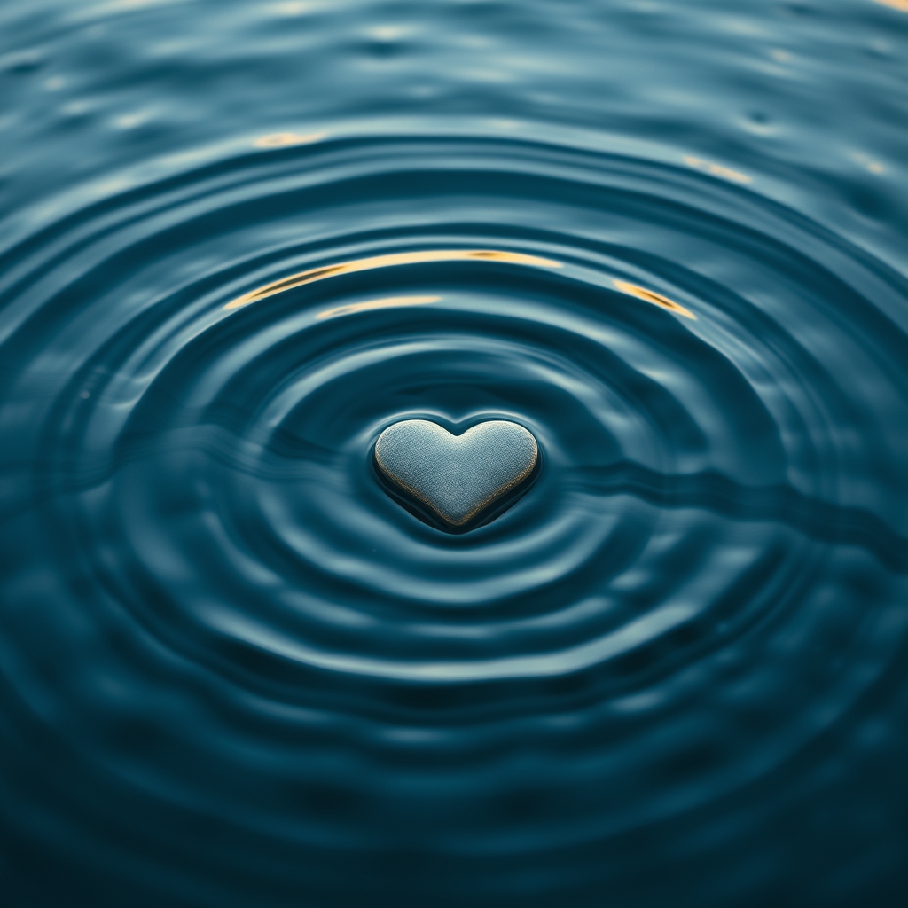 A wide shot showing a ripple effect in water, where the center is a heart-shaped stone, symbolizing how a small caring action creates expanding waves of connection and trust.