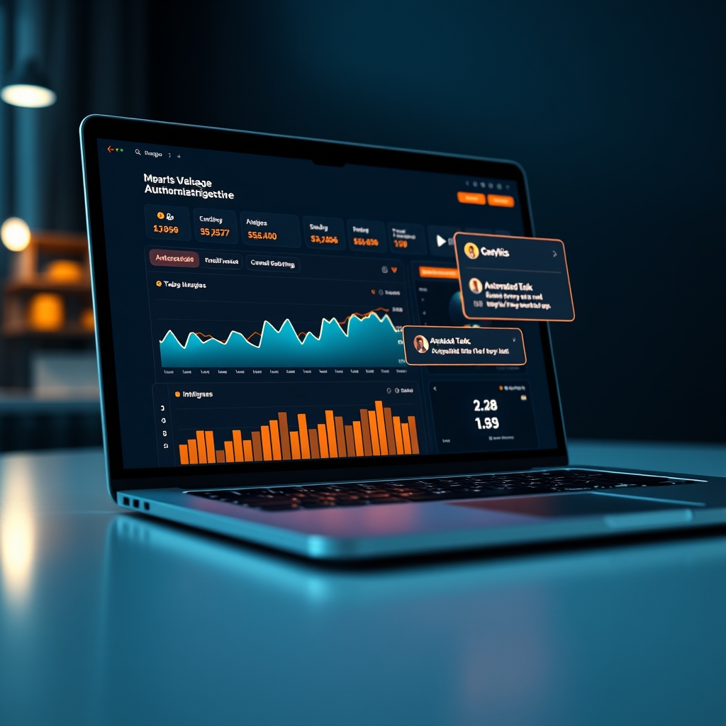 A sleek, modern laptop screen showing a website dashboard with glowing, intelligent analytics graphs and automated task notifications popping up, symbolizing a smart, self-managing website.